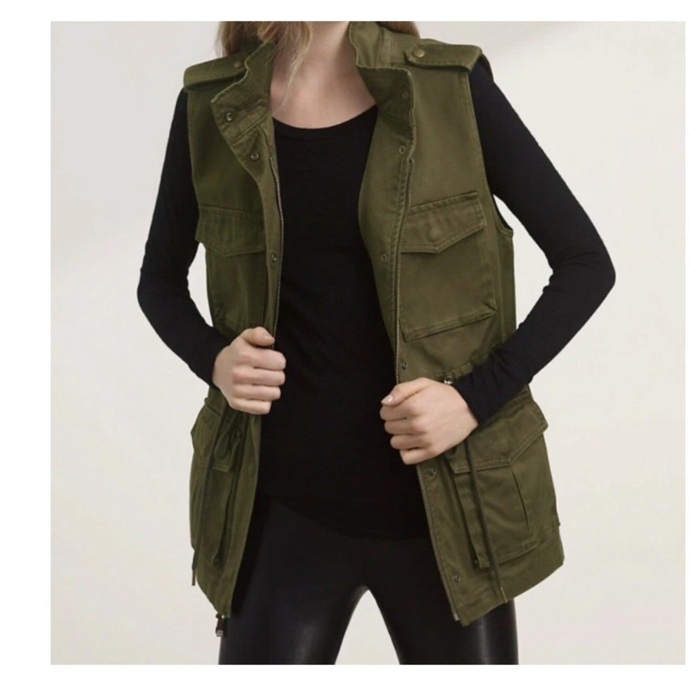 Talula Aritzia XXS Olive Green Military Utility Cargo Field Vest Cotton Zip Snap